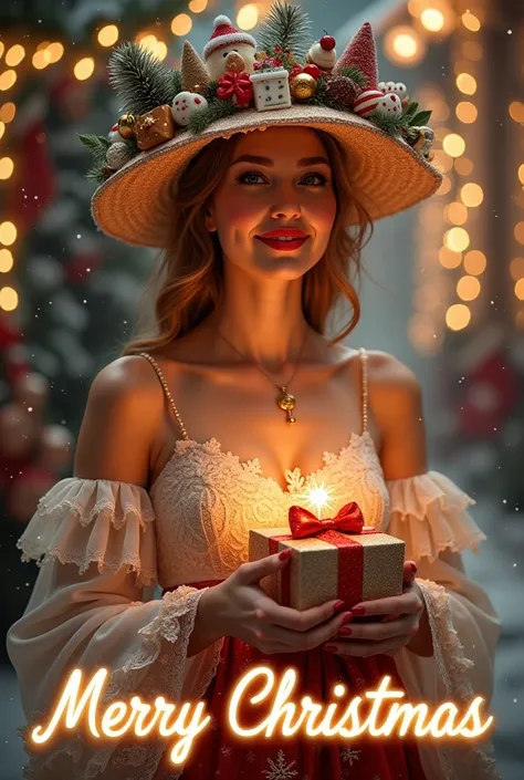 A highly detailed, full-body portrait of a beautiful woman wearing an extravagant and ornate hat adorned with colorful Christmas...