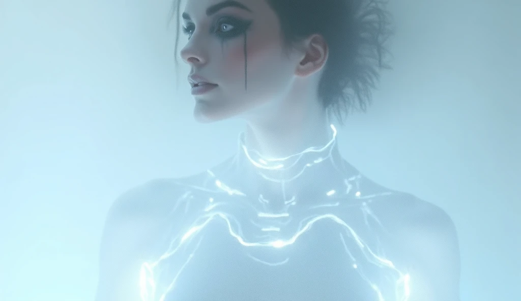 "A futuristic fashion model wearing a sheer, transparent top embedded with glowing fiber-optic threads,
