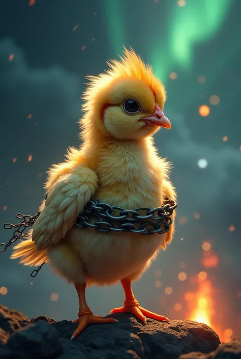 photo of a chick with a chain bandage tied on the body with an aesthetic looking celestial aurora with a very out of bounds imag...