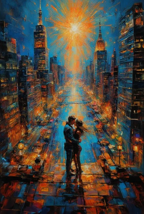 A spectacular photo view from above shot down with many lights of a deep kiss seen from above, passionate between two lovers at ...