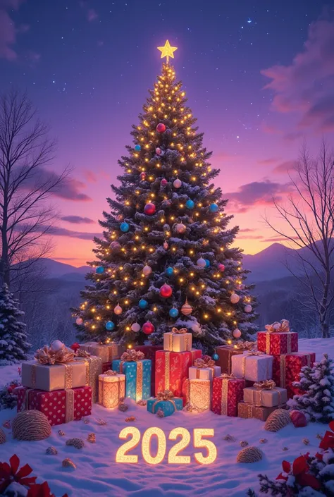 create a picture about the new year 2025 with gifts on the sides and a big Christmas tree back at sunset with a purple tint of s...