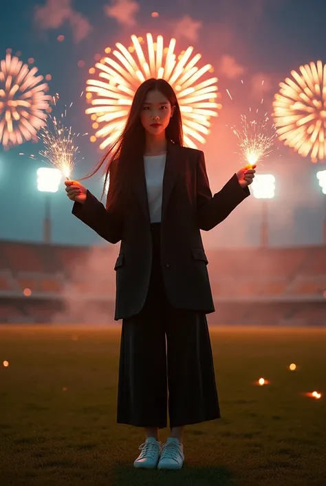  A beautiful Korean girl with long hair wearing a bando thin smile wears a thick blazer in matching black culottes sneakers cele...