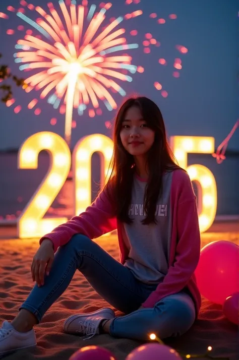 18 year old girl asian sits sweater pink in front of large, illuminated numbers reading 2025 fireworks over the sea, with colorf...
