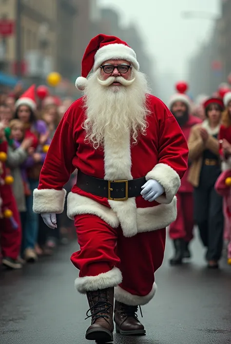 Santa Claus parading around in totally different clothes than the traditional one. Participating in a parade with funny and extr...