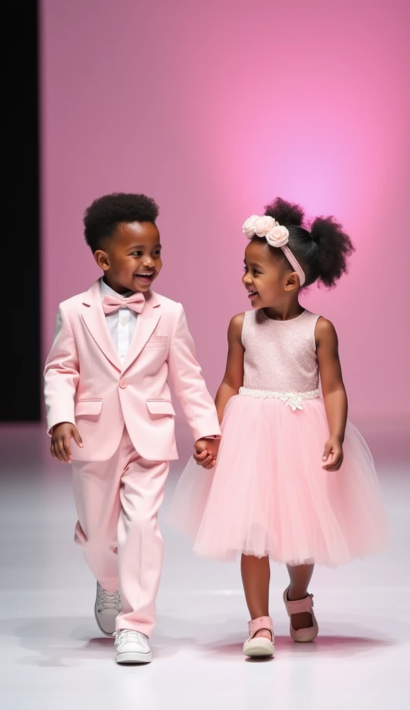 A delightful scene of two adorable young ren walking hand in hand on a fashionable runway. The boy is wearing a light pink suit ...