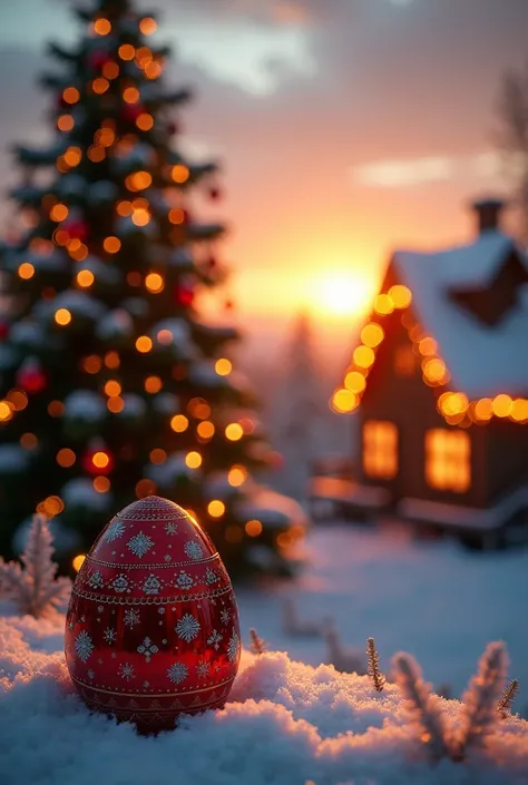 I want an 8k photo of a Christmas tree at sunset with a Christmas egg and the roof of the house full of lights, taken with the R...