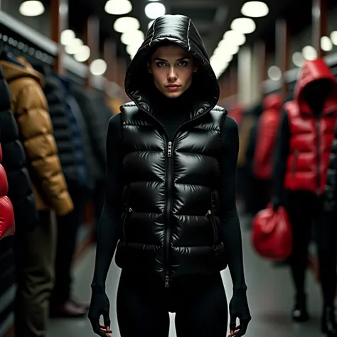 A highly detailed, realist photography, very  glossy black tightfitting narrow padded puffer hoodedvest, tightly conforming to t...
