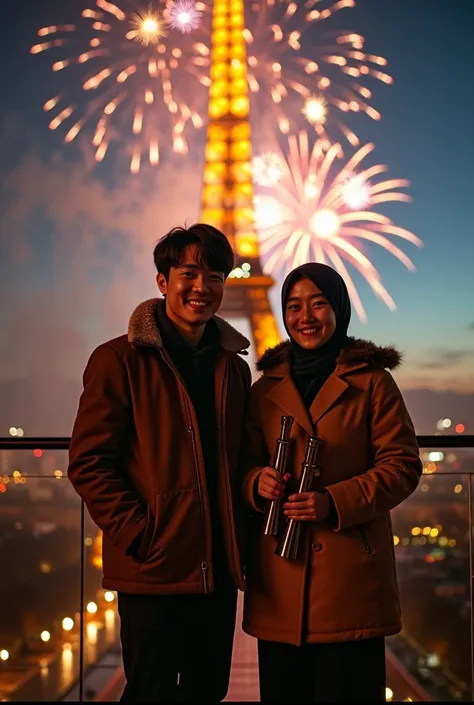 a cinematic photo of two Korean man with short hair and two Asian wearing a hijab, they are wearing a jacket with a fur collar, ...