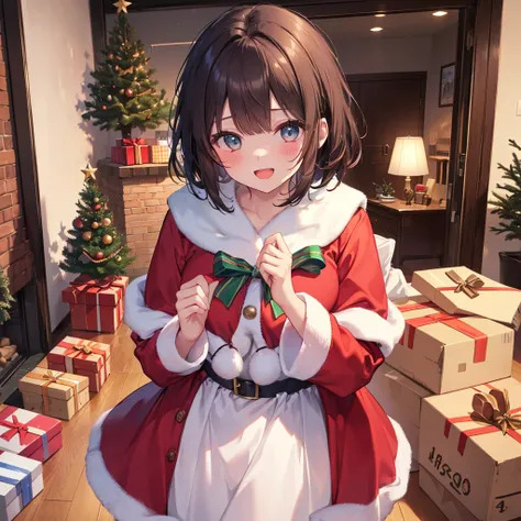 ( Best Quality 、8k、masterpiece))、(( 1 girl))、(( cute))、 big smiles in the garage、 blushing 、 with open mouth、 brown hair 、 short...