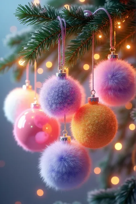 ✨ Beautiful balls hang on a fir branch ,  fluffy fur Christmas balls neon fur texture shiny glitter white-yellow-lilac-pink-peac...