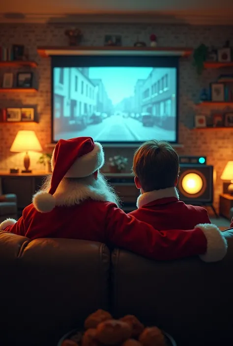 Santa Claus and Paul MacCartney with their backs to the camera ,  sitting on a couch in the living room watching movie on the re...