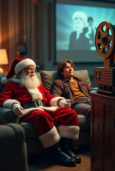  Santa Claus and Paul MacCartney looking in front of the camera , each one sitting on a sofa in the living room watching a movie...