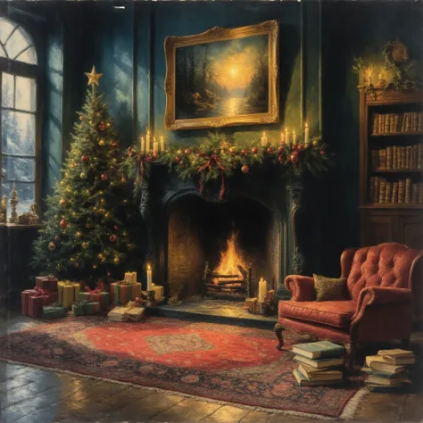  Christmas，indoor，古典indoor装修，There is a fire burning in the fireplace:1.4，壁炉带有 Christmas装饰， Carpet in front of the fireplace ， T...