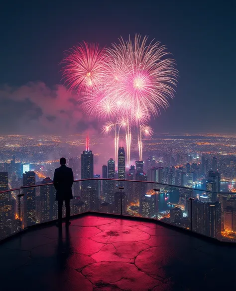  the view from the huge terrace , behind is the sky .  there are bright skyscrapers.  There are fireworks in the sky . have lett...