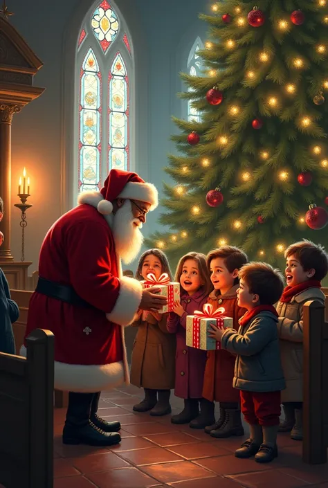 Group of orphan  s getting gifts from santa inside church near christmas tree