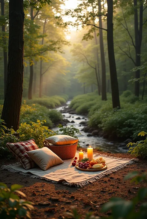 a small clearing, surrounded by tall trees and a small stream flowing nearby. The sunlight filters through the leaves, casting a...