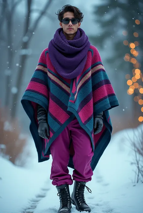 "Ultra-realistic portrait of a young man in a contemporary fashion outfit with cultural and tribal influences, set in a winter-t...