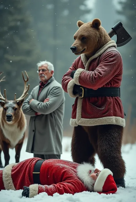 reindeer team. Santa Claus is lying face down in it with an ax in his back .  A gray-haired old man in a silver Christmas outfit...