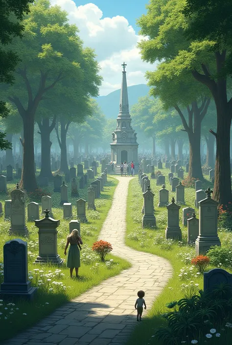 Cemetery in daylight with people 