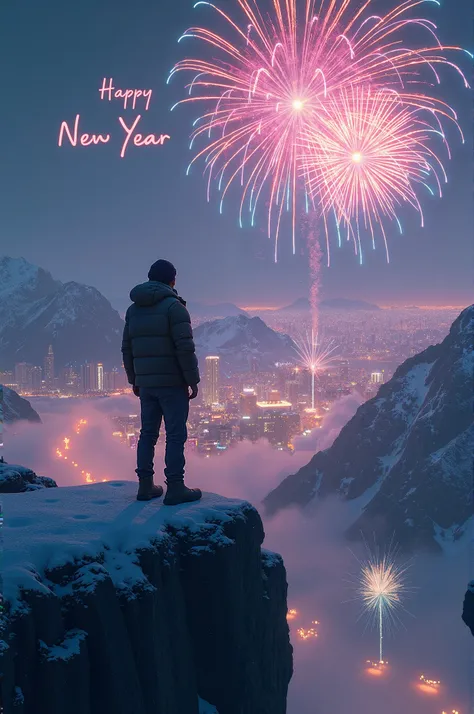 A 20 year old boy wearing winter jacket and cap and watching City from top high mountain edge and in the sky full of firecracker...