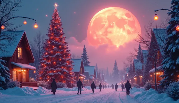  Image of a snowy neon city , with floating Christmas balls , a giant Christmas tree,  with a giant moon in sunset colors. As pe...