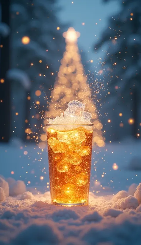 Bright magical glowing sparkling New Years drink, in the style of the hero of the product, shot in motion, dynamic advertising i...