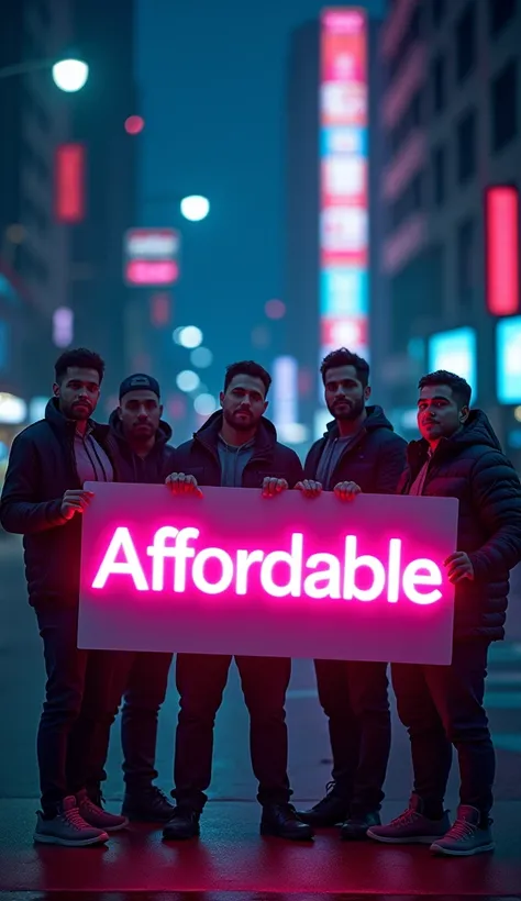 Men holding a banner , in banner written "Affordable" , neon glowing effect, first alphabet must been capital