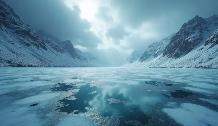 Hd wallpaper, frozen surface of the lake, top view photography in the style of cinematic poster and high clarity, in the style o...