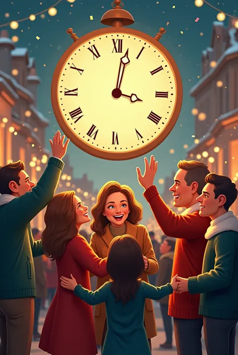 Create me a Christmas image where a group of people are saying goodbye to the old year 