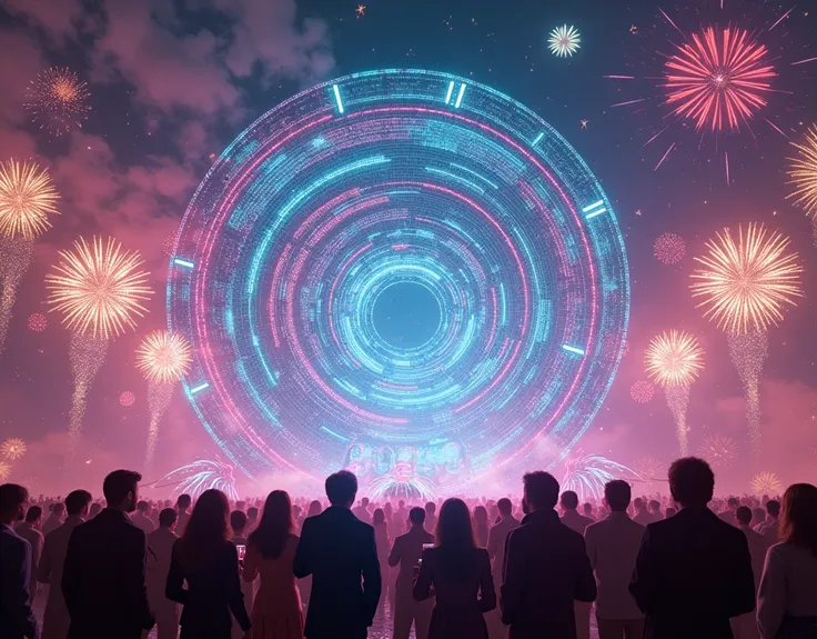 a massive digital clock Countdown to the text show "New Year 2025" in sky. within Möbius Strip Realities, layered with Quantum P...