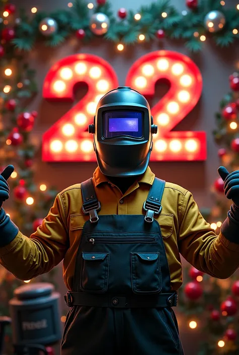 A welder with a mask celebrating the entrance to 2025, with a patch with the number 22 and Christmas motifs in the background