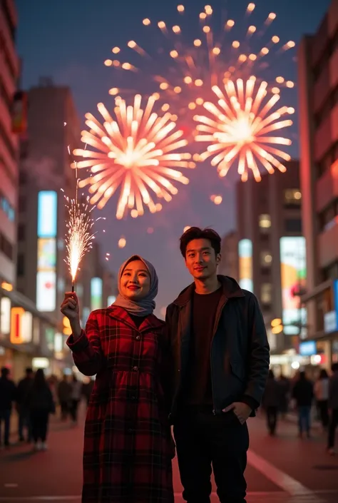  Photo of a Korean woman in a beautiful hijab and a handsome man .  The woman is wearing a thick cotton midi dress with a black ...