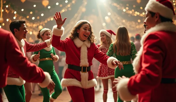 People with Christmas dress code dancing at a  