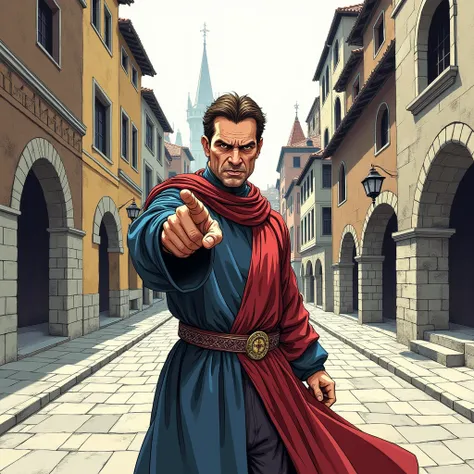 Gary Chalk style colour line art drawing,  medieval city ,the angry city watch 1 of them pointing at you in  medieval clothing, ...