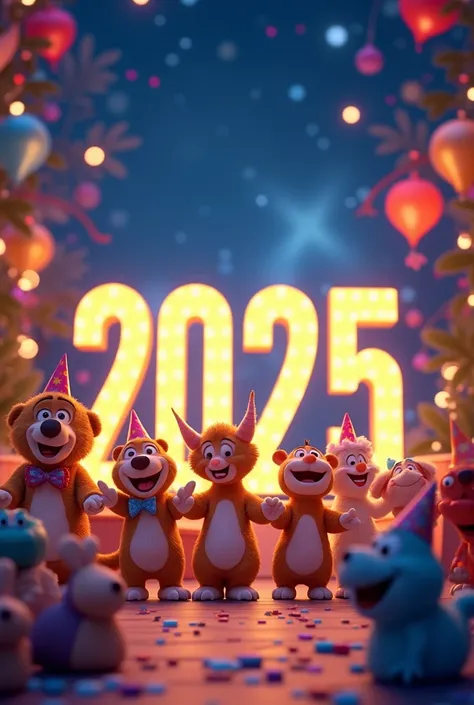 make a poster pixar with a happy new year 2025 theme