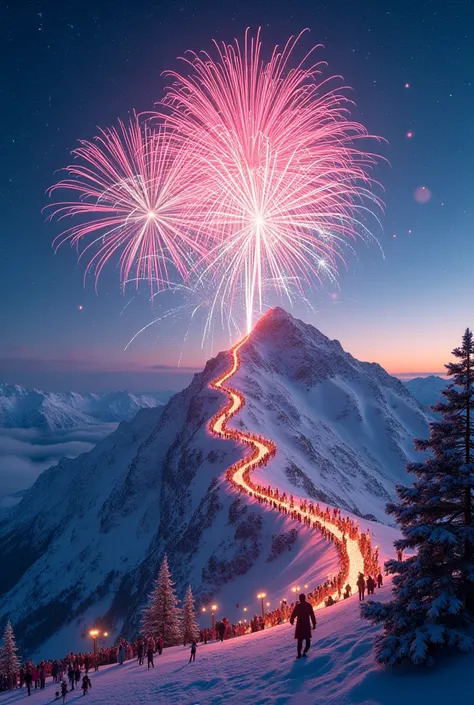 Happy new year on mountain with fireworks 
