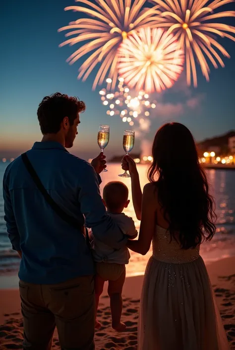 Couple photo,  Both raise champagne glasses on a beach at night and fireworks,  he riveviiperi short brown hair ,  green eyes, m...