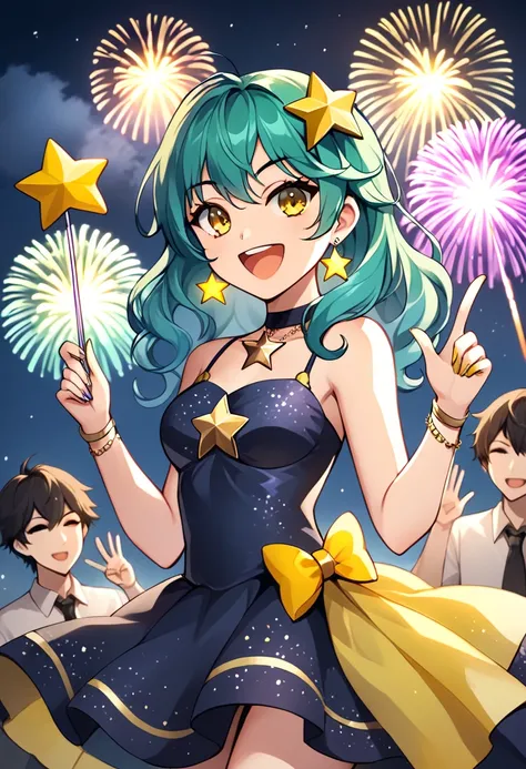 Girl with long dark turquoise hair, yellow eyes, yellow star pin in her head, party dress, coup of yellow sparkle water in her h...