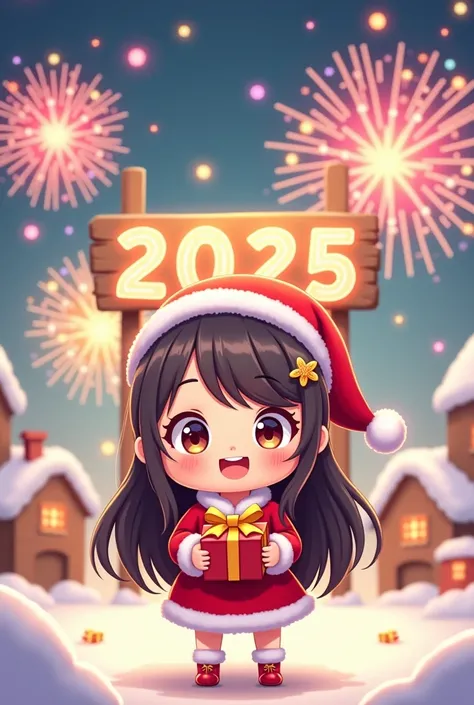 Theme: new year Tone: pastel Background: beautiful firework and sign "Happy New Year 2025" Have a cartoon girl with dark long ha...