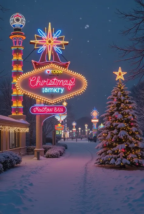 Hyper datailed, hyper realistic image. Las Vegas with snow covering everything. Great neon large sign with a champagne bottle an...