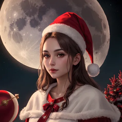 Realistic image of Moon wearing a red christmas hat