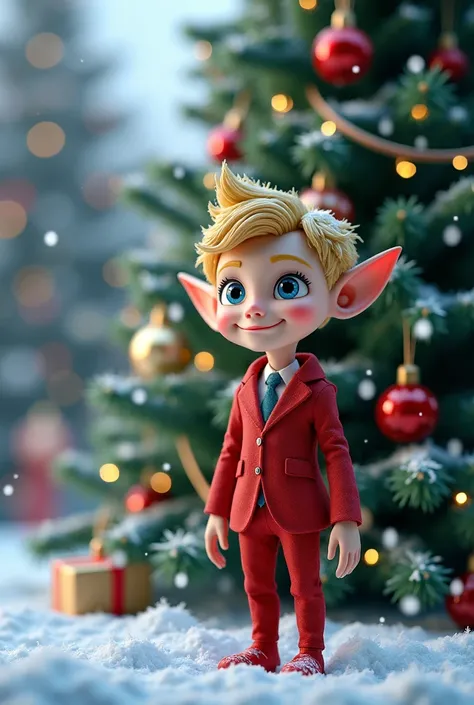 A kind little elf with blue eyes ,  sharp ears and blond hair in a purse suit with a beautiful Christmas tree. Its snowing white
