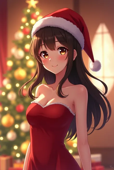 A close view of young anime woman standing in a decorated room in a New year party, with long brunette hair and brown eyes, wear...