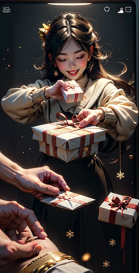 Christmas girl , happy, gifts,  shiny particles , Amazing theme 