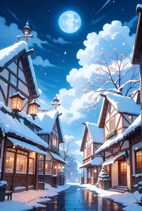  The image must have a background that evokes a winter atmosphere and ,  with a starry sky that combines shades of purple ,  Sky...