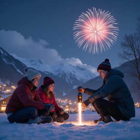 total,   a snowy mountain village  ,  in the night sky a big and beautiful New Years Eve fireworks, There are three teenagers si...