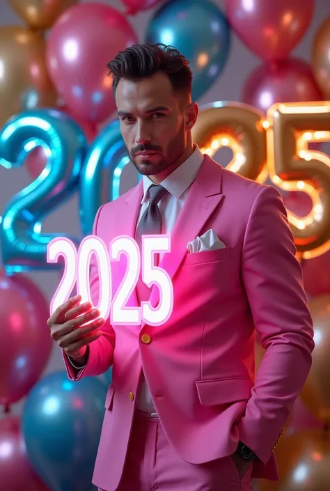 Handsome sexy man dressed in pink holding numbers in a 2025 balloon