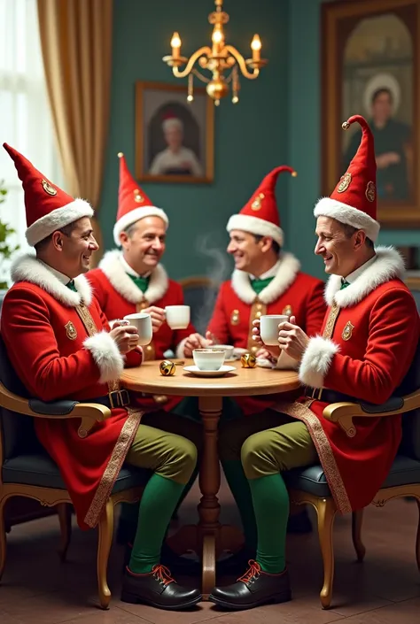 Andrzej Duda, Mateusz morawiecki, Donald Tusk i Jarosław Kaczyński are drinking coffee in the elf suit sitting on the chairs