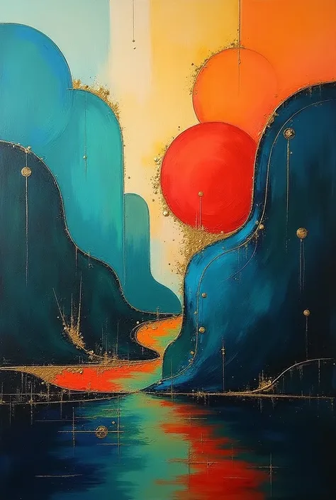 Sur la base de l'image de référence , Créer une peinture à l'huile, modern art style, couleurs bleu, vert, rouge, or, rajouter p...