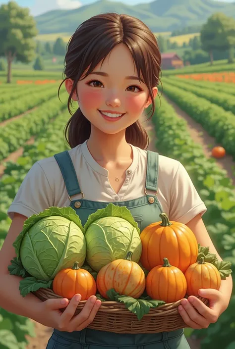  photorealistic 、 woman in agriculture 、  proudly showing off her cabbage harvest、A doll smiling happily、 smiling happily while ...